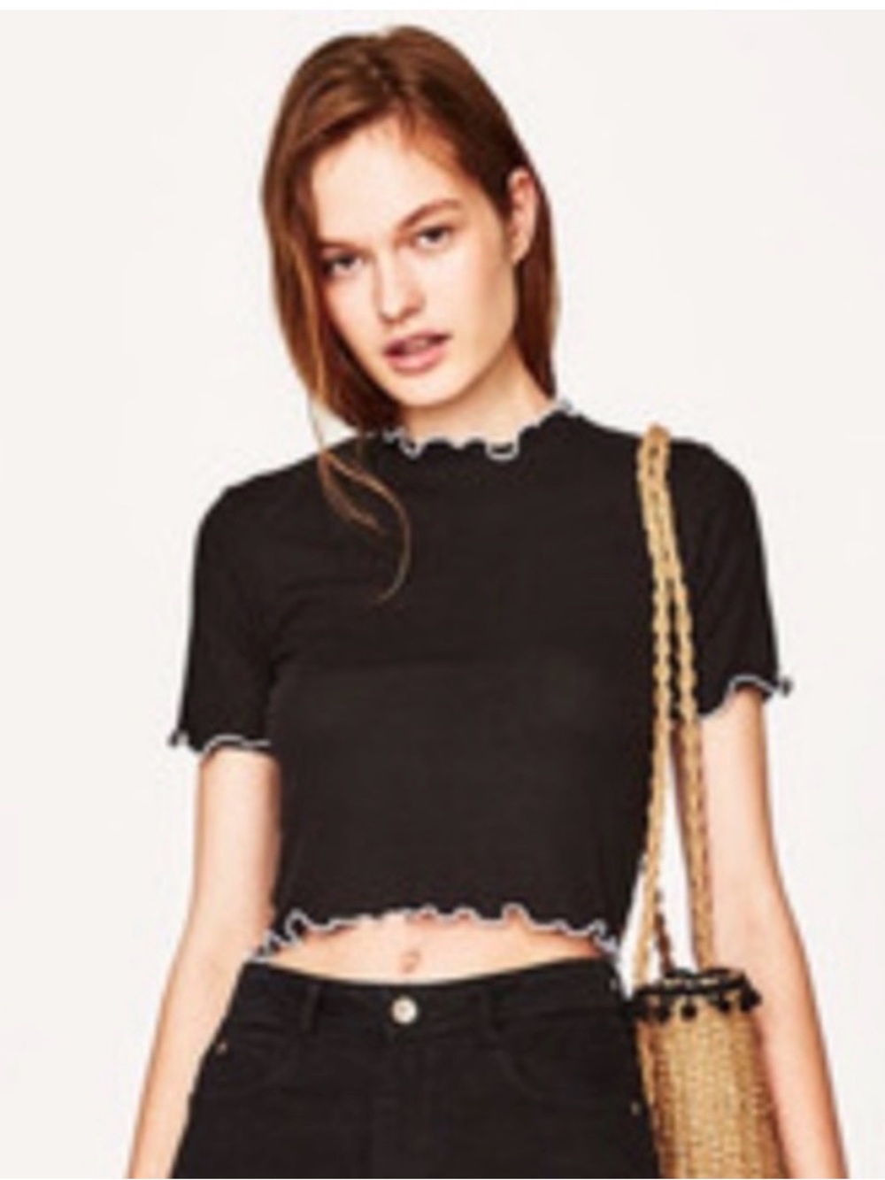 Zara Black Short Sleeve Lettuce Trim Ribbed Summer Cropped Top  Size Small EUC - Picture 2 of 5